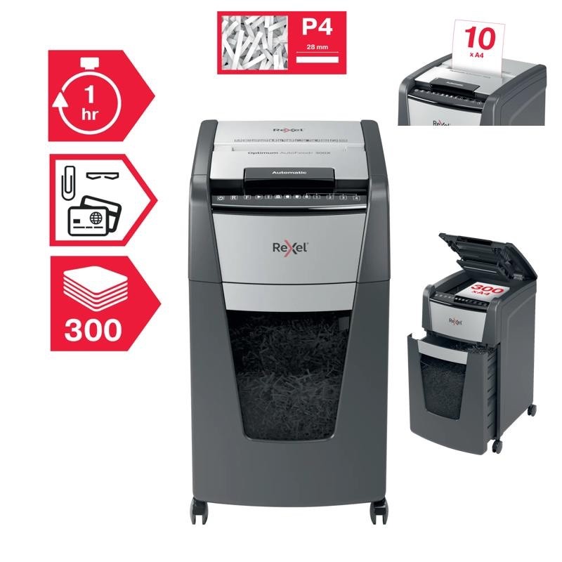 Rexel Distruggidocumenti automatico Optimum AutoFeed+ 300X taglio a frammenti - immagine 4