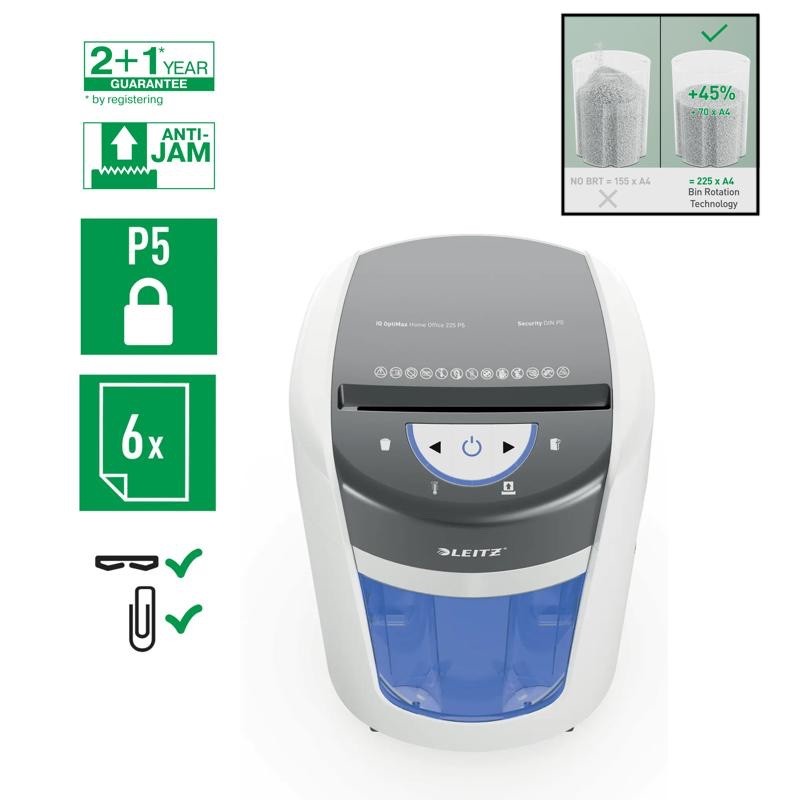 Distruggidocumenti Leitz IQ OptiMax 225 P5 15L Home Office Grigio/Bianco - immagine 3