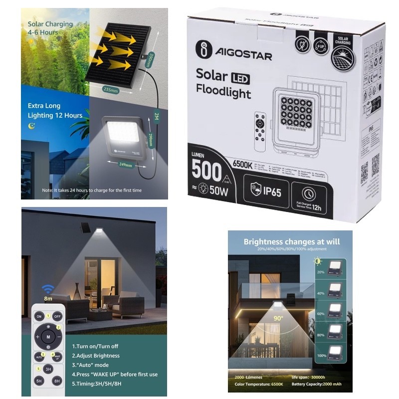 Faro LED Solare Aigostar 50W 500lm 6500K IP65 Luce Fredda Automatico - immagine 5
