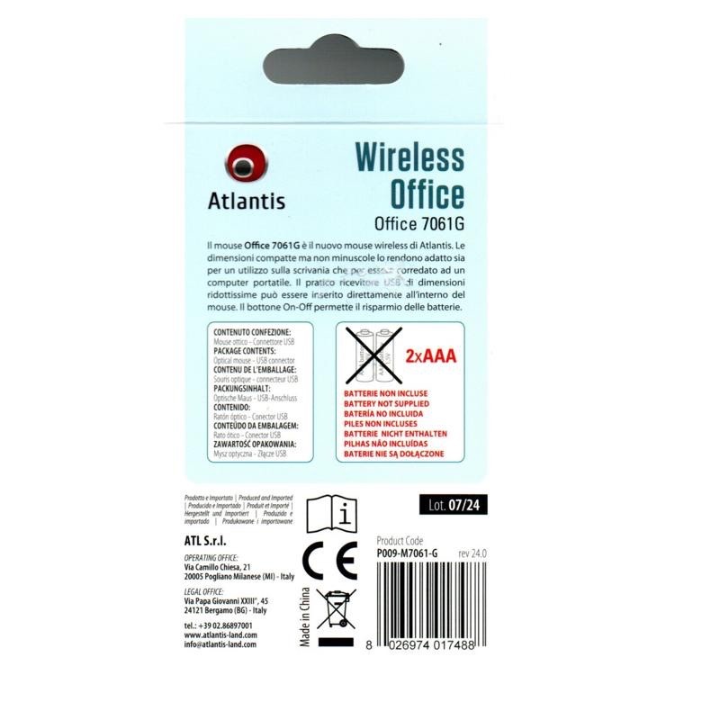MOUSE ATLANTIS OFFICE 7061G WIRELESS USB OTTICO 3 TASTI 1200DPI - immagine 4
