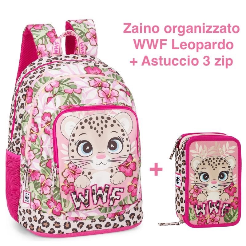Zaino organizzato WWF Leopardo + Astuccio 3 zip