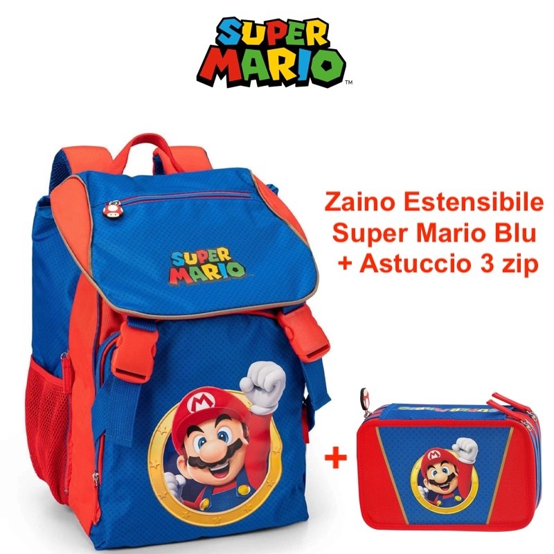 Zaino Estensibile Super Mario Blu + Astuccio 3 zip Super Mario Blu