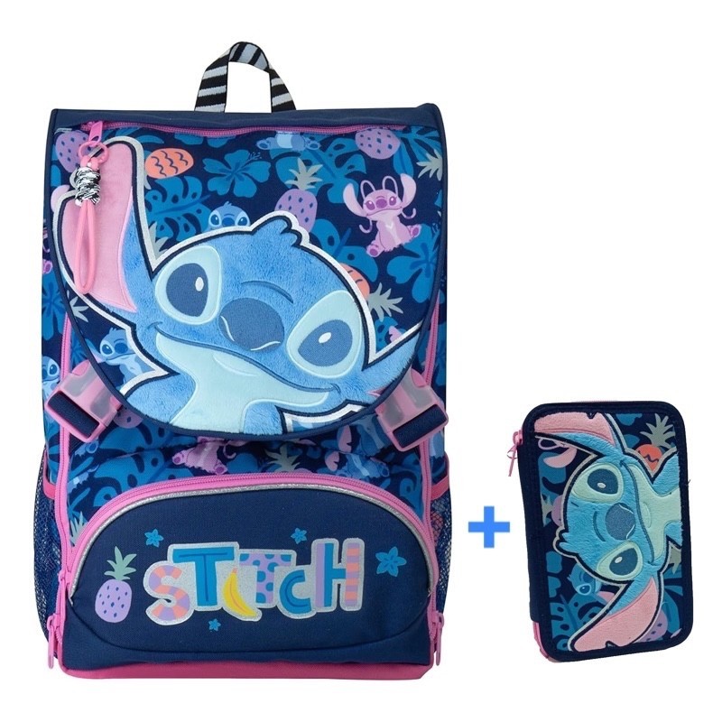 Zaino Estensibile Stitch Disney Blu con Patch Peluche + Astuccio 3 Zip