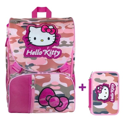 Zaino Estensibile Hello Kitty Camouflage Rosa con Patch Peluche + Astuccio 3 Zip