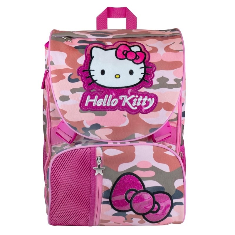 Zaino Estensibile Hello Kitty Camouflage Rosa con Patch Peluche + Astuccio 3 Zip - immagine 2