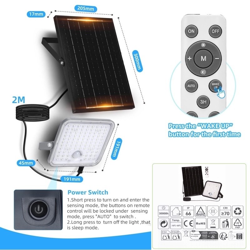 FARO FARETTO SOLARE LED 120W SENSORE MOVIMENTO CREPUSCOLARE TELECOMANDO AIGOSTAR - immagine 5