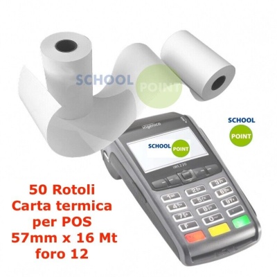 50 Rotoli carta termica per POS mm 57 x 16 Metri foro 12
