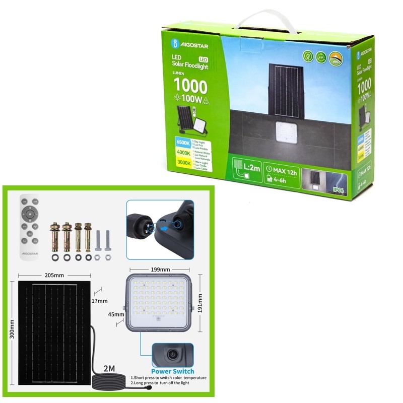 Faro LED Solare Aigostar 100W 1000lm IP66 CCT 8000mAh Luce Variabile - immagine 5