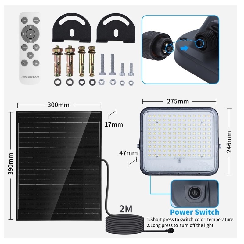 FARO SOLARE LED AIGOSTAR LUCE DIMMERABILE TELECOMANDO IP66 200 WATT 16000 mAH - immagine 2